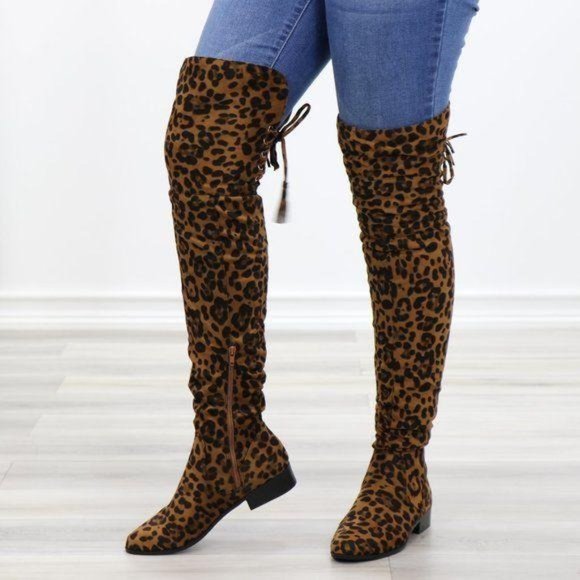 Leopard Suede Thigh High Flat Boot Lace Up Back - Picture 13 of 14